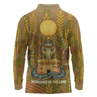 Renenutet Golden Cobra Long Sleeve Polo Shirt with Wheat Motif in Egyptian Agricultural Theme
