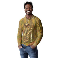 Renenutet Golden Cobra Long Sleeve Polo Shirt with Wheat Motif in Egyptian Agricultural Theme
