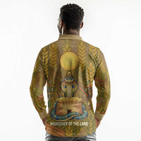 Renenutet Golden Cobra Long Sleeve Polo Shirt with Wheat Motif in Egyptian Agricultural Theme