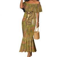 Renenutet Golden Cobra Mermaid Dress with Wheat Motif in Egyptian Agricultural Theme