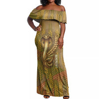 Renenutet Golden Cobra Off Shoulder Maxi Dress with Wheat Motif in Egyptian Agricultural Theme