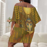 Renenutet Golden Cobra Off Shoulder Short Dress with Wheat Motif in Egyptian Agricultural Theme