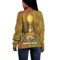 Renenutet Golden Cobra Off Shoulder Sweater with Wheat Motif in Egyptian Agricultural Theme