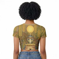 Renenutet Golden Cobra Raglan Cropped T shirt with Wheat Motif in Egyptian Agricultural Theme