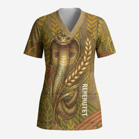 Renenutet Golden Cobra Scrub Top with Wheat Motif in Egyptian Agricultural Theme