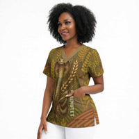 Renenutet Golden Cobra Scrub Top with Wheat Motif in Egyptian Agricultural Theme