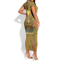 Renenutet Golden Cobra Short Sleeve Bodycon Dress with Wheat Motif in Egyptian Agricultural Theme