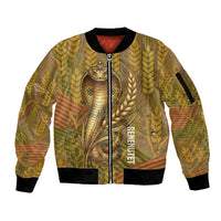 Renenutet Golden Cobra Sleeve Zip Bomber Jacket with Wheat Motif in Egyptian Agricultural Theme