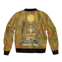 Renenutet Golden Cobra Sleeve Zip Bomber Jacket with Wheat Motif in Egyptian Agricultural Theme