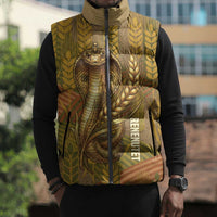 Renenutet Golden Cobra Sleeveless Puffer Jacket with Wheat Motif in Egyptian Agricultural Theme