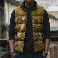 Renenutet Golden Cobra Sleeveless Puffer Jacket with Wheat Motif in Egyptian Agricultural Theme