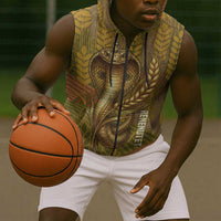 Renenutet Golden Cobra Sleeveless Zip Hoodie with Wheat Motif in Egyptian Agricultural Theme