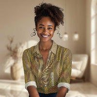 Renenutet Golden Cobra Women Casual Shirt with Wheat Motif in Egyptian Agricultural Theme