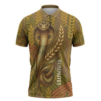 Renenutet Golden Cobra Zipper Polo Shirt with Wheat Motif in Egyptian Agricultural Theme