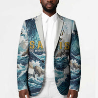Satis Water Torrent Blazer with Egyptian Flood Symbolism in Oceanic Blue Tones