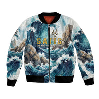 Satis Water Torrent Bomber Jacket with Egyptian Flood Symbolism in Oceanic Blue Tones