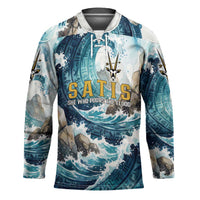 Satis Water Torrent Hockey Jersey with Egyptian Flood Symbolism in Oceanic Blue Tones