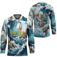 Satis Water Torrent Hockey Jersey with Egyptian Flood Symbolism in Oceanic Blue Tones