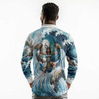 Satis Water Torrent Long Sleeve Polo Shirt with Egyptian Flood Symbolism in Oceanic Blue Tones