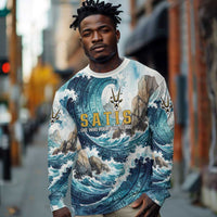 Satis Water Torrent Long Sleeve Shirt with Egyptian Flood Symbolism in Oceanic Blue Tones