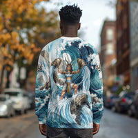 Satis Water Torrent Long Sleeve Shirt with Egyptian Flood Symbolism in Oceanic Blue Tones