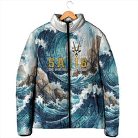 Satis Water Torrent Padded Jacket with Egyptian Flood Symbolism in Oceanic Blue Tones