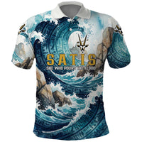 Satis Water Torrent Polo Shirt with Egyptian Flood Symbolism in Oceanic Blue Tones
