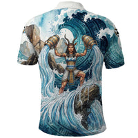 Satis Water Torrent Polo Shirt with Egyptian Flood Symbolism in Oceanic Blue Tones