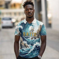Satis Water Torrent Polo Shirt with Egyptian Flood Symbolism in Oceanic Blue Tones