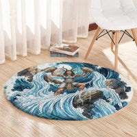 Satis Water Torrent Round Carpet with Egyptian Flood Symbolism in Oceanic Blue Tones