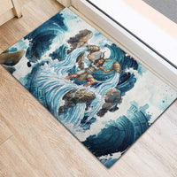 Satis Water Torrent Rubber Doormat with Egyptian Flood Symbolism in Oceanic Blue Tones