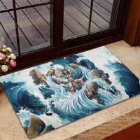 Satis Water Torrent Rubber Doormat with Egyptian Flood Symbolism in Oceanic Blue Tones