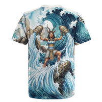 Satis Water Torrent Rugby Jersey with Egyptian Flood Symbolism in Oceanic Blue Tones