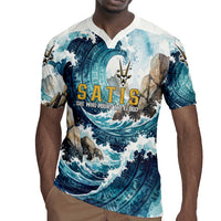 Satis Water Torrent Rugby Jersey with Egyptian Flood Symbolism in Oceanic Blue Tones