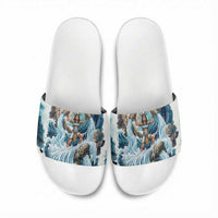 Satis Water Torrent Slide Sandals with Egyptian Flood Symbolism in Oceanic Blue Tones