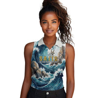 Satis Water Torrent Women Sleeveless Polo Shirt with Egyptian Flood Symbolism in Oceanic Blue Tones