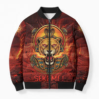 Sekhmet Bomber Puffer Jacket Egyptian Fiery Lioness Head and Ancient Warrior