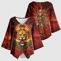 Sekhmet Kimono Sleeve Blouse Egyptian Fiery Lioness Head and Ancient Warrior