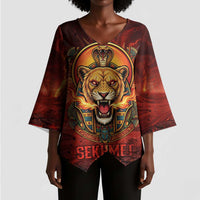 Sekhmet Kimono Sleeve Blouse Egyptian Fiery Lioness Head and Ancient Warrior