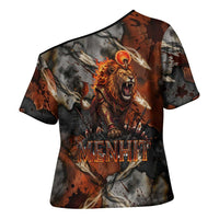 Menhit Egyptian Cross Shoulder Shirt Warrior Goddess Fiery Lion Eye Arrows and Blood Battle