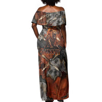 Menhit Egyptian Off Shoulder Maxi Dress Warrior Goddess Fiery Lion Eye Arrows and Blood Battle