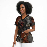 Menhit Egyptian Scrub Top Warrior Goddess Fiery Lion Eye Arrows and Blood Battle