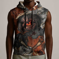 Menhit Egyptian Sleeveless Hoodie Warrior Goddess Fiery Lion Eye Arrows and Blood Battle