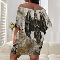 Mut Off Shoulder Short Dress Vulture Queen Egyptian Mother Goddess Wings Feathers