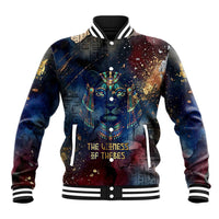 Mut Baseball Jacket The Lioness of Thebes Egyptian Goddess Cosmic Crown Adorned Warrior Queen Design