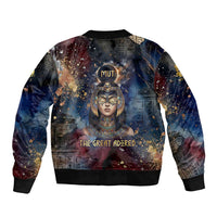 Mut Bomber Jacket The Lioness of Thebes Egyptian Goddess Cosmic Crown Adorned Warrior Queen Design