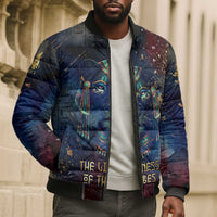 Mut Bomber Puffer Jacket The Lioness of Thebes Egyptian Goddess Cosmic Crown Adorned Warrior Queen Design