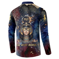 Mut Button Sweatshirt The Lioness of Thebes Egyptian Goddess Cosmic Crown Adorned Warrior Queen Design