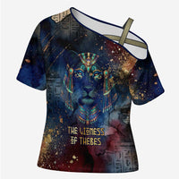 Mut Cross Shoulder Shirt The Lioness of Thebes Egyptian Goddess Cosmic Crown Adorned Warrior Queen Design
