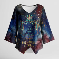 Mut Kimono Sleeve Blouse The Lioness of Thebes Egyptian Goddess Cosmic Crown Adorned Warrior Queen Design